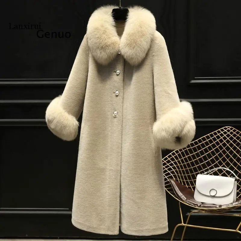 Fashion Women\'s Granules Sheep Skin Suede Fur Coat Ladies Long Coat One Fox Fur Elegant Temperament Coat Female