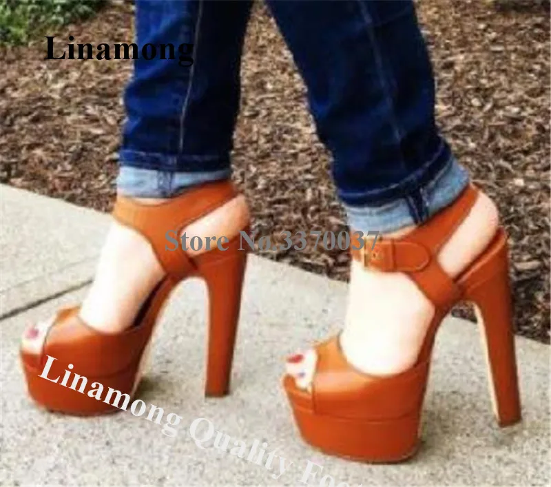 

Linamong Newest Open Toe Brown Leather High Platform Chunky Heel Sandals Ankle Strap Buckle Thick High Heel Sandals Dress Heels