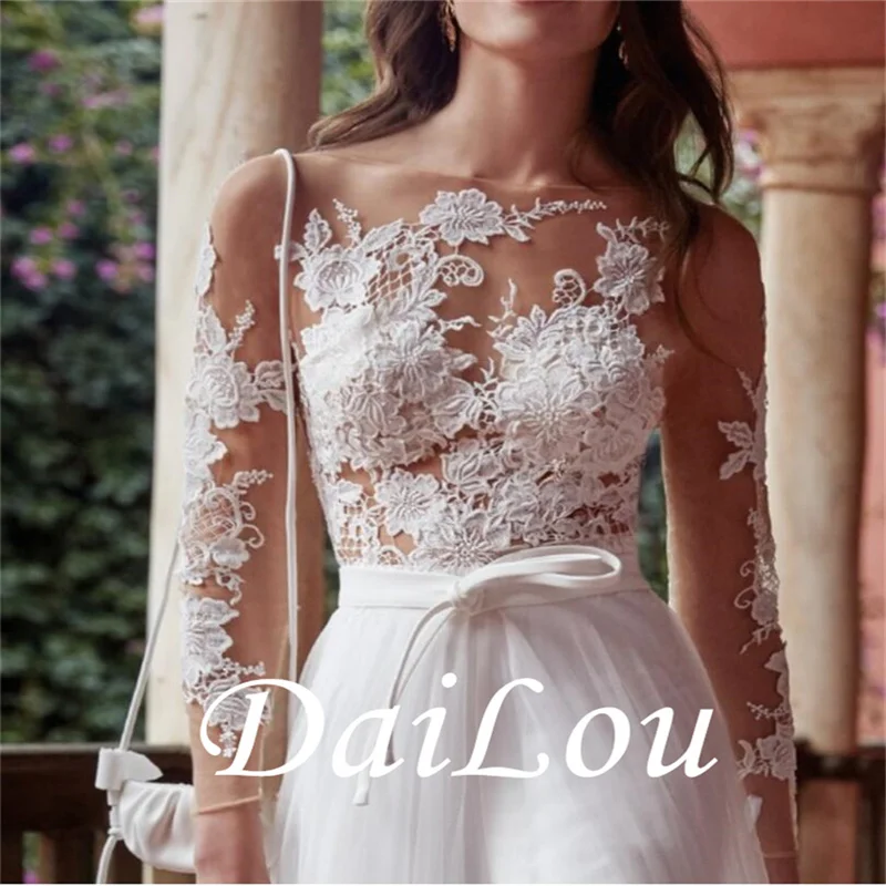 DAILOU Eightale Boho Wedding Dresses Appliques Lace A-Line Tulle Wedding Gown Beach Simple Bridal Dress bestidos de novia 2021