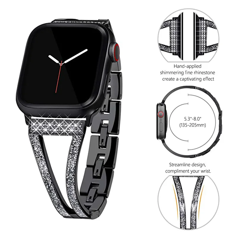 Metal+diamond strap Compatible with Apple watch 7 6 5 4 SE 44mm 40mm Comfortable metal bracelet strap for iwatch 3 2 1 42mm 38mm