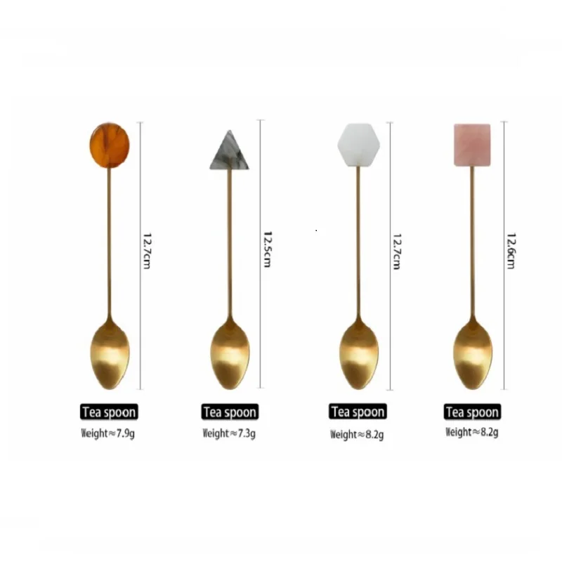 4pcs Stainless Steel Small Spoon Fork Set INS Coffee Tea Stirring Household Gold-Plated Acrylic Geometric Shape Spoons Forks