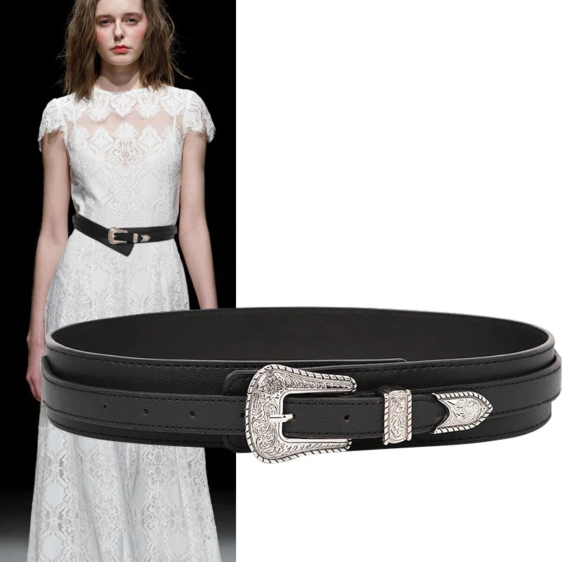 

New Ladies Belt Black PU Leather Belts for Women Fashion waistband vintage silver Big carved Buckle strap Belt For Dresses jeans