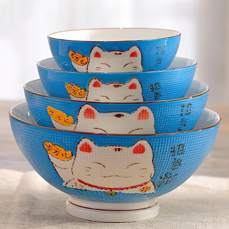 1pcs Ceramic High Bowl Japanese Colorful Lucky Cat Soup Bowl Underglaze Dinnerware Household Kitchen Supplies Children Tableware