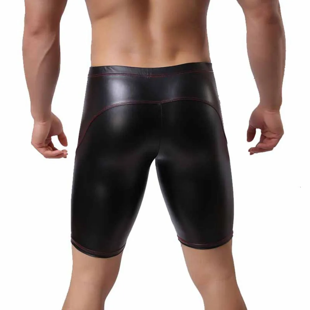 Mens Sexy Long Leg Boxers PU Leather Solid Underwear Elastic Panties Mid-Waist Black Pants Male Breathable Leather Trunks