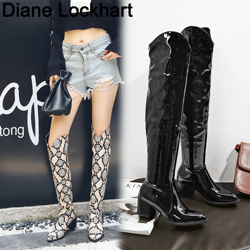 2024 New High Quality Over The Knee Boots Woman Long Boot Snake Print Women winter footwear sexy Winter Patent Leather botas 39