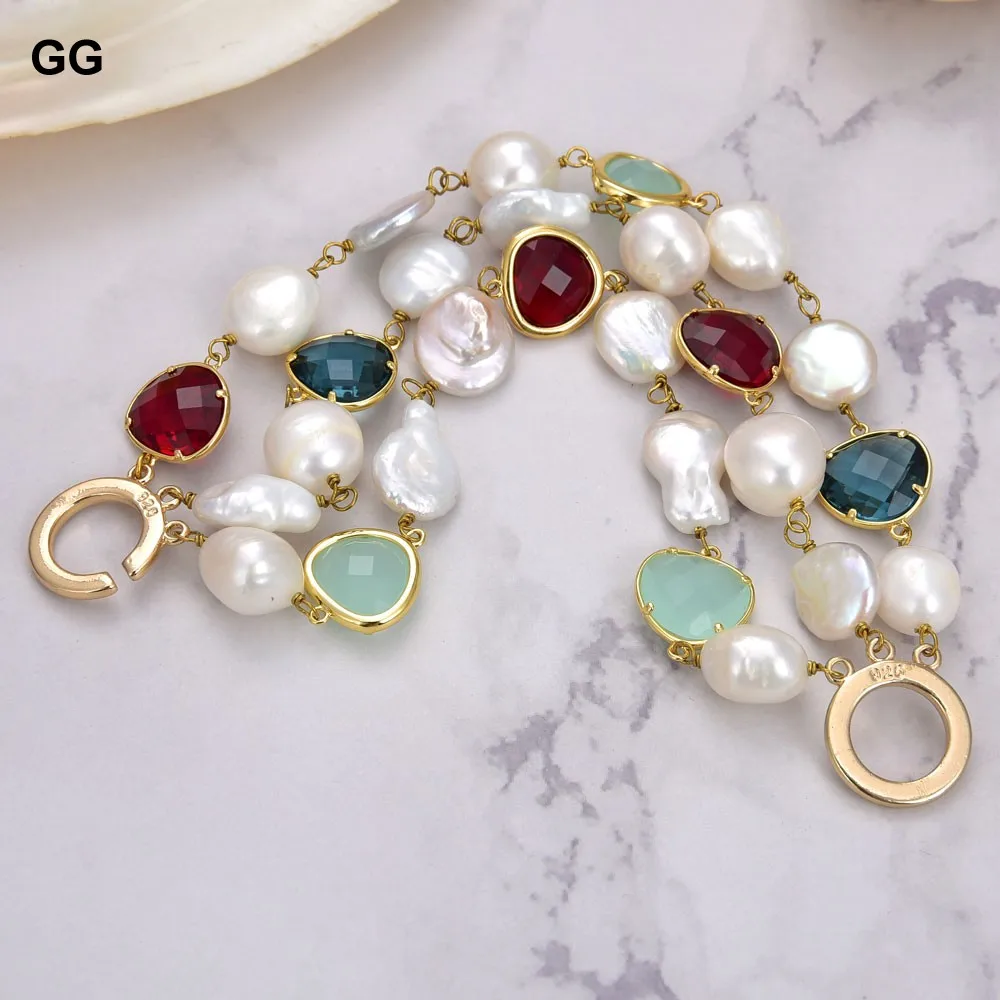 

GuaiGuai Jewelry 3 Rows Cultured White Baroque Pearl Coin Pearl Crystal Bracelet 8.5''