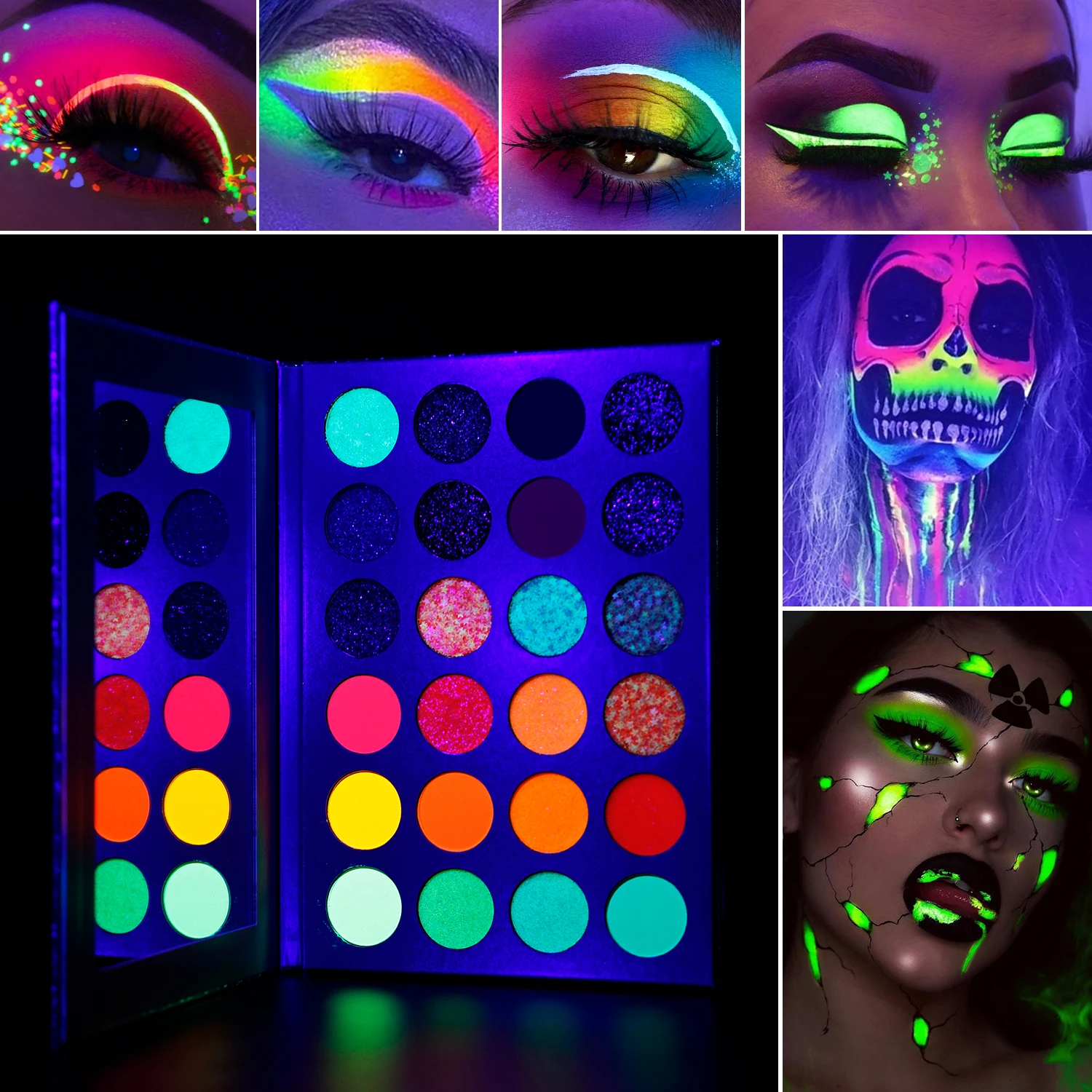 DE\'LANCI Aurora Glow Eyeshadow Pallet Stage Clubbing Neon Makeup Kit in Blacklight UV Glow in Dark Fluorescent Eye Shadows Red