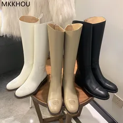 MKKHOU Fashion Knee-Length Boots Women New High-Quality Round Head Camellia Velvet Warm Mid-heel Straight High Boots Winter