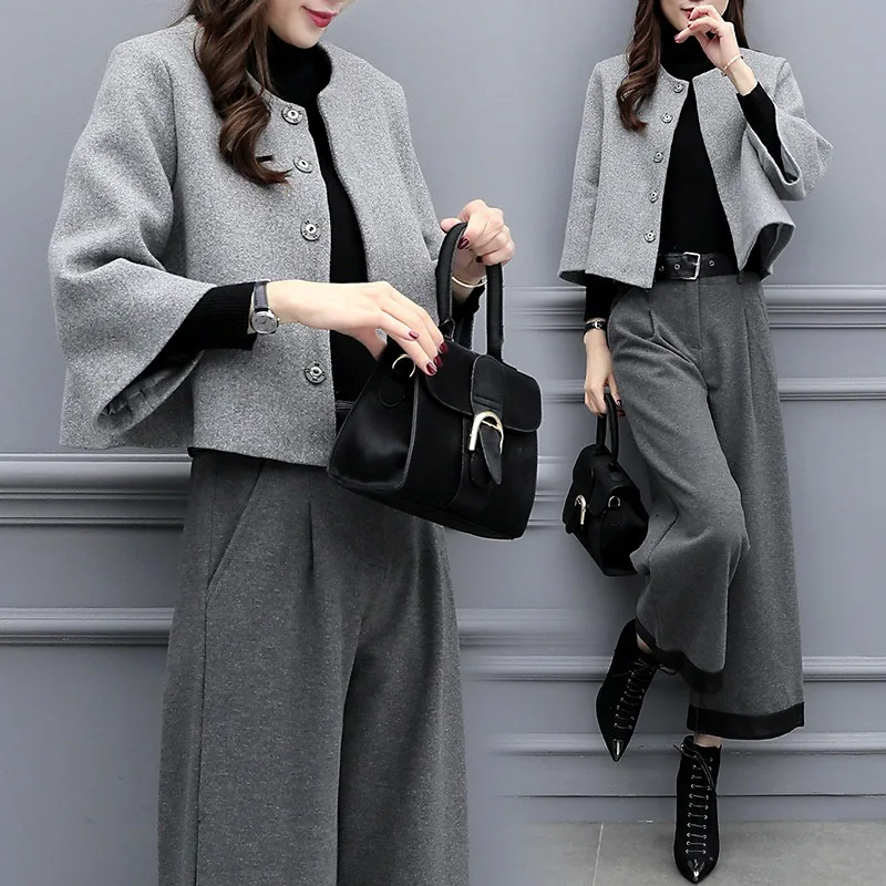 New women\'s autumn and winter large size two-piece Hidden Breasted Blended wool short coat wide-leg pants casual fashion suit