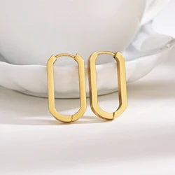 Classic Design Geometric Rectangular Lock Buckle Gold Color Metal Brass Oval Shape Small Hoop Earrings Women Party Jewelry Gift