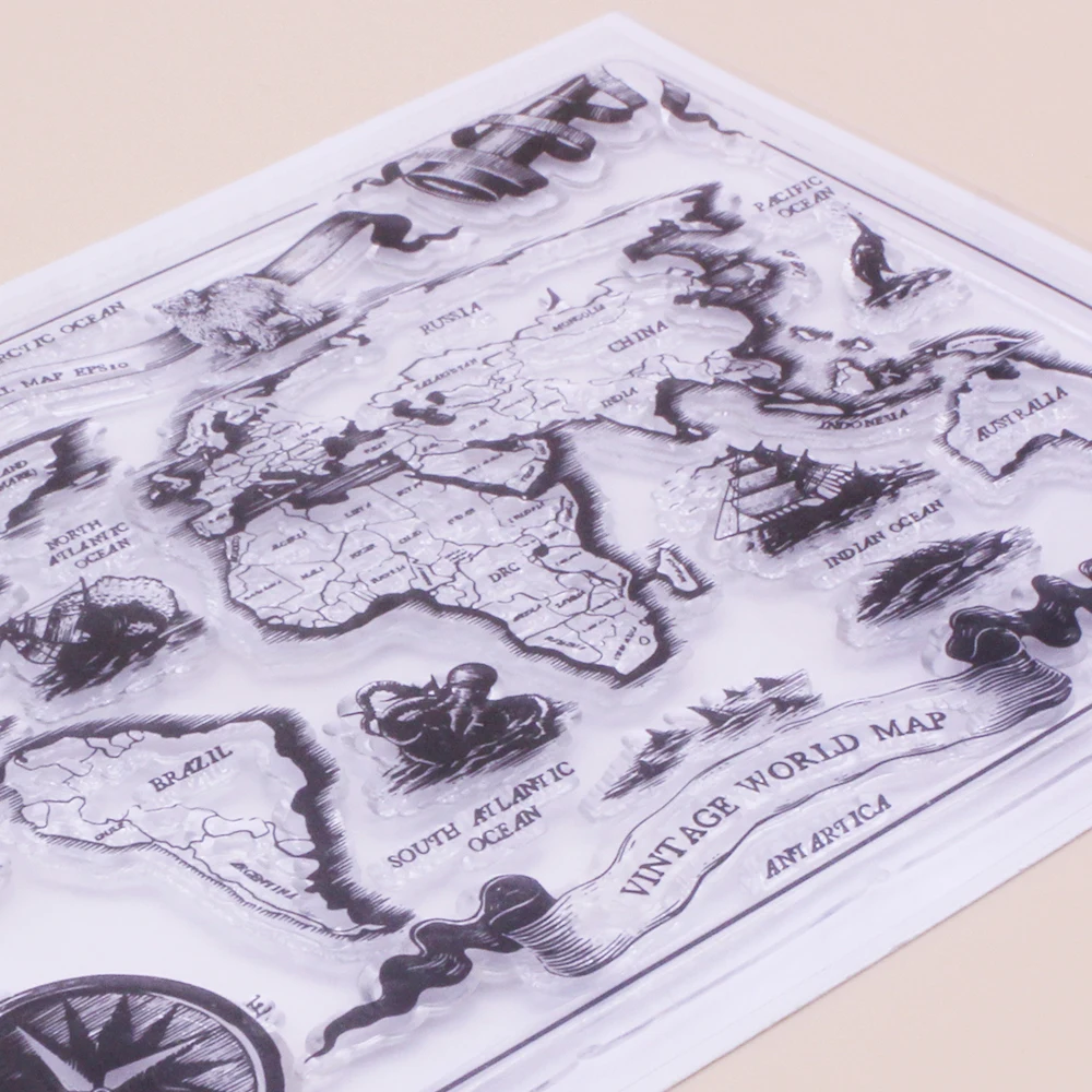 Alinacutle Clear Stamp Vintage World Map Scrapbooking Handmade Card Album Paper Craft Rubber Transparent Silicon Stamp