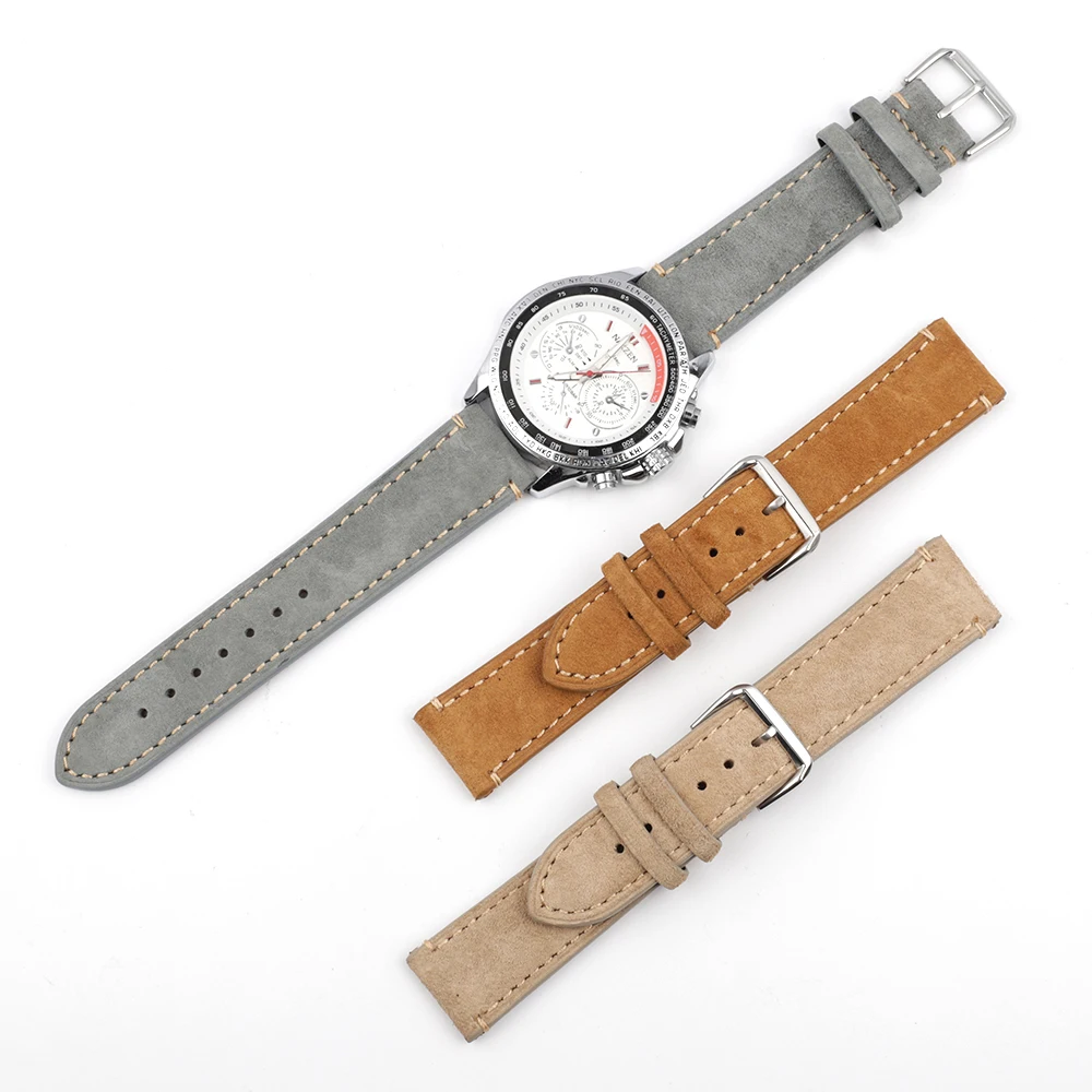 Handmade Leather Watchband 18mm 20mm 22mm 24mm Vintage Suede Watch Strap Replacement Tan Gray Beige Color for Men Women Watches