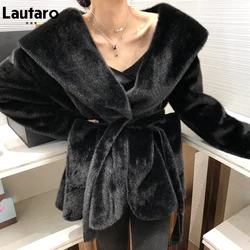 Lautaro Winter Black Warm Oversized Faux Fur Cardigan Women Drop Shoulder Long Sleeve Sashes Loose Stylish Korean Fashion 2021