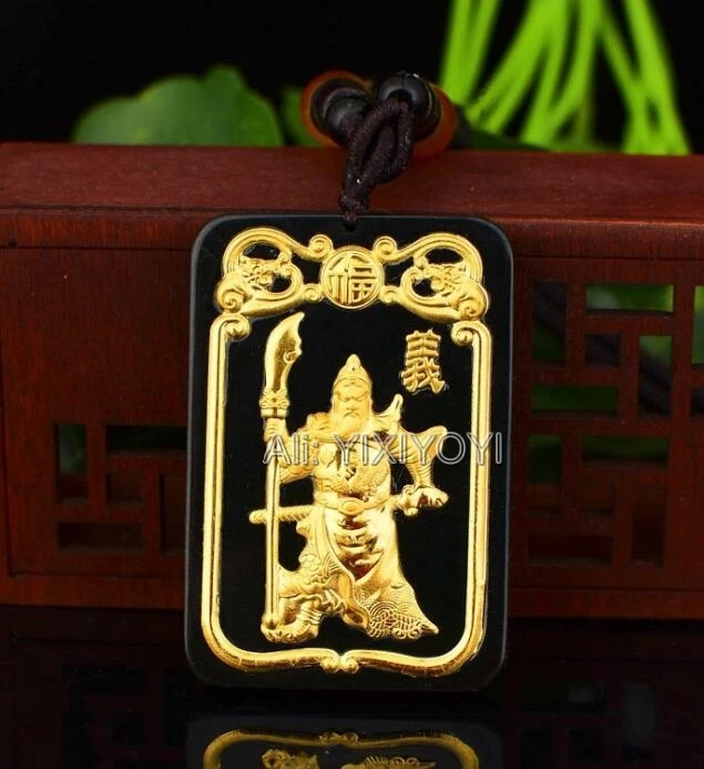 Chinese Handwork Natural Black Green Hetian Jade + Solid Gold Blessing GuanGong Amulet Pendant Rope Necklace Charm Gift Jewelry