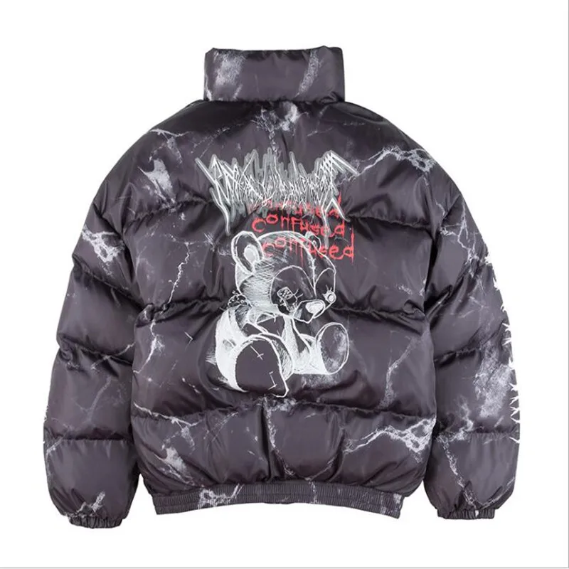 Mannen Bear Print Down Jas Paar Winter Oversized Windjack Streetwear Zwart Wit Thicken Warm Hipster Puffer Jassen Parka