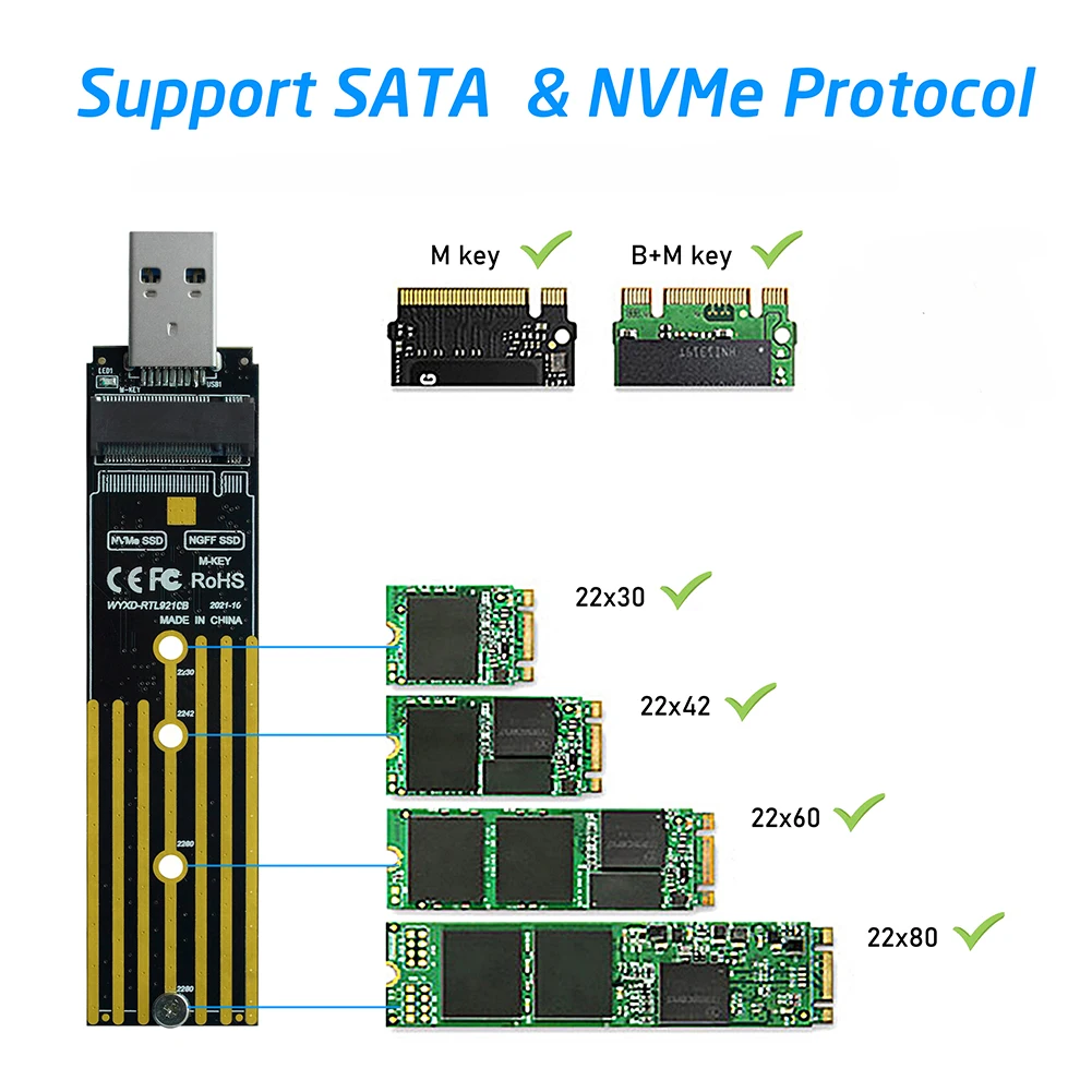 M.2 NVME Adapter PCIe NGFF SATA M2 SSD Board Dual Protocol USB 3.1 For M/B Key Samsung 970 series / 960 series / WD 2230 2242