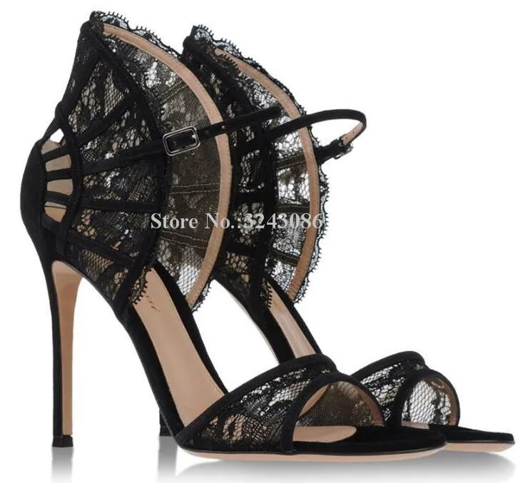 Sexy Black Lace Stiletto Heels Lady Sandals Fashion Circular Sector Ankle Buckle High Heel Sandals Elegant Female Banquet Shoes