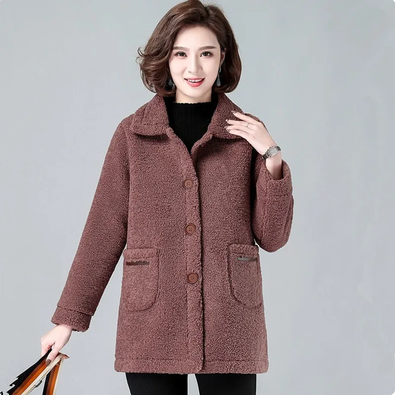 UHYTGF Lambswool Autumn Winter Fur Coat Women Thick Warm Jacket Medium-Length Elegant Mother Casual Loose Big Size Outwear 1396