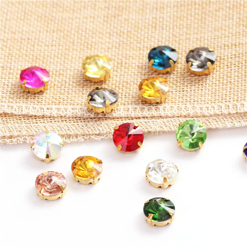 Round Rivoli Sew On Rhinestones Crystal Glass  With Gold Claw sew on stone for  clothing accessories shoes bag diy trim