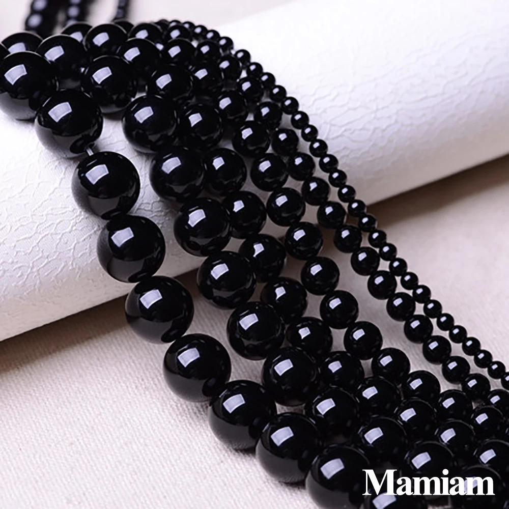 Mamiam Natural A+ Black Agate Beads 6-12mm Smooth Round Loose Stone Diy Bracelet Necklace Jewelry Making Gemstone Gift Design