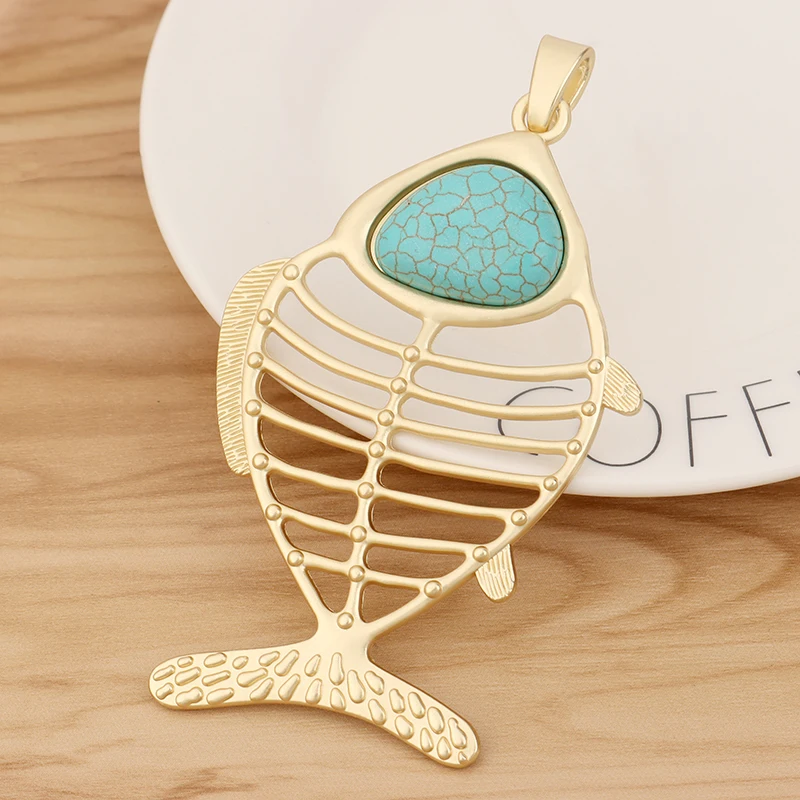 

1 Piece Matte Gold Color Large 3D Fish Bone Skeleton & Faux Turquoise Charms Pendants for DIY Necklace Jewellery Making