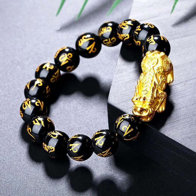 12mm Admirable Black agate Gem Mala bead Bangle Amulet Golden PiXiu beast Blessing Talisman