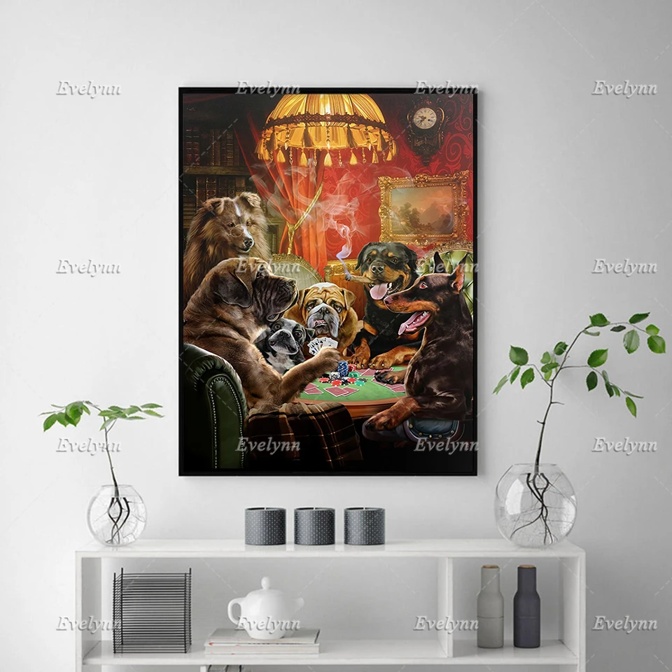 Dog Playing Poker Game Poster- Painting And Prints On Canvas Wall Art Picture For Living Room Cuadros Home Decor Floating Frame