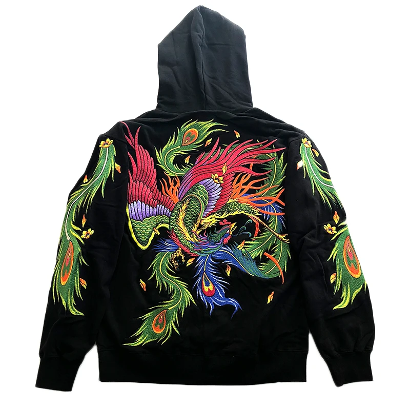 Oversize Men Boys Autumn Modern Loose High Street Hip Hop Phoenix Dragon Feathers Embroidered Tops Streetwear Pullover Hoodies