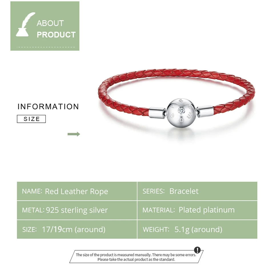 bamoer Genuine 925 Sterling Silver Red Leather Rope Charm Bracelet for Women Fit for 3mm Hole Charm Bead Jewelry BSB042