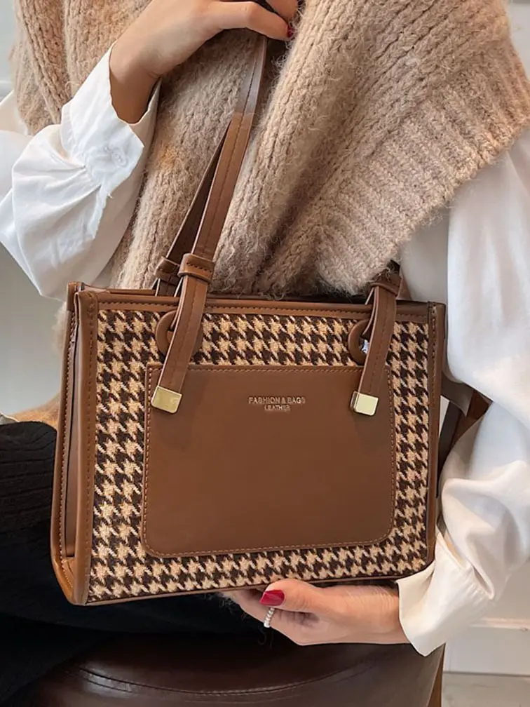 2022 New Trend Women\'s Shoulder Bag Fashion Texture Houndstooth Totes Casual Large Capacity PU Leather Ladies Handbag