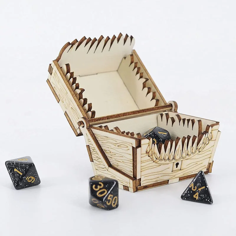 DND Mimic Chest Dice Jail Prison with a Random Polyhedral Dice Set t Wood Laser Cut and Etched Dice Storage Box