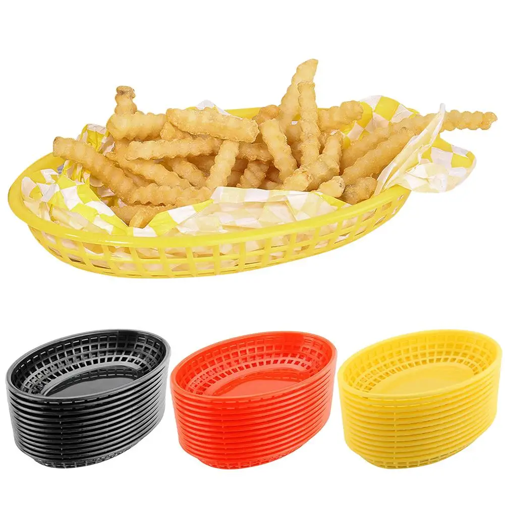 12Pcs Plastic Fast Food Basket Hot Dog Serving Plate Red Checke  Wax Liners Hamburger French Fries Paper Restaurant Tray