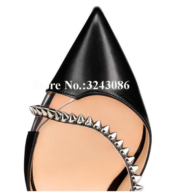 Women Rivets Stiletto Heel Pumps Shoes Fashion Pointed Toe Black White Leather PVC Patchwork Single Shoes Lady Large Size Shoes image 3