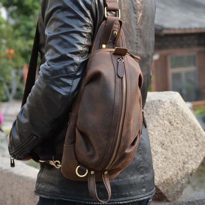 Luufan bolso de pecho de cuero de Caballo loco para hombre, pequeño bolso de viaje de cuero genuino, bandolera de cuero de vaca Vintage