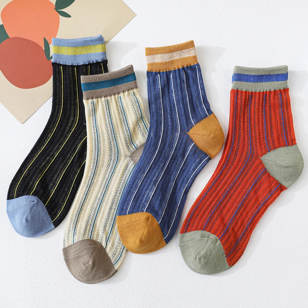 Salina Women's Cotton Socks Spring And Summer Card Stockings New Fashion Casual Vertical Striped Jacquard Ladies Short Tube Sock