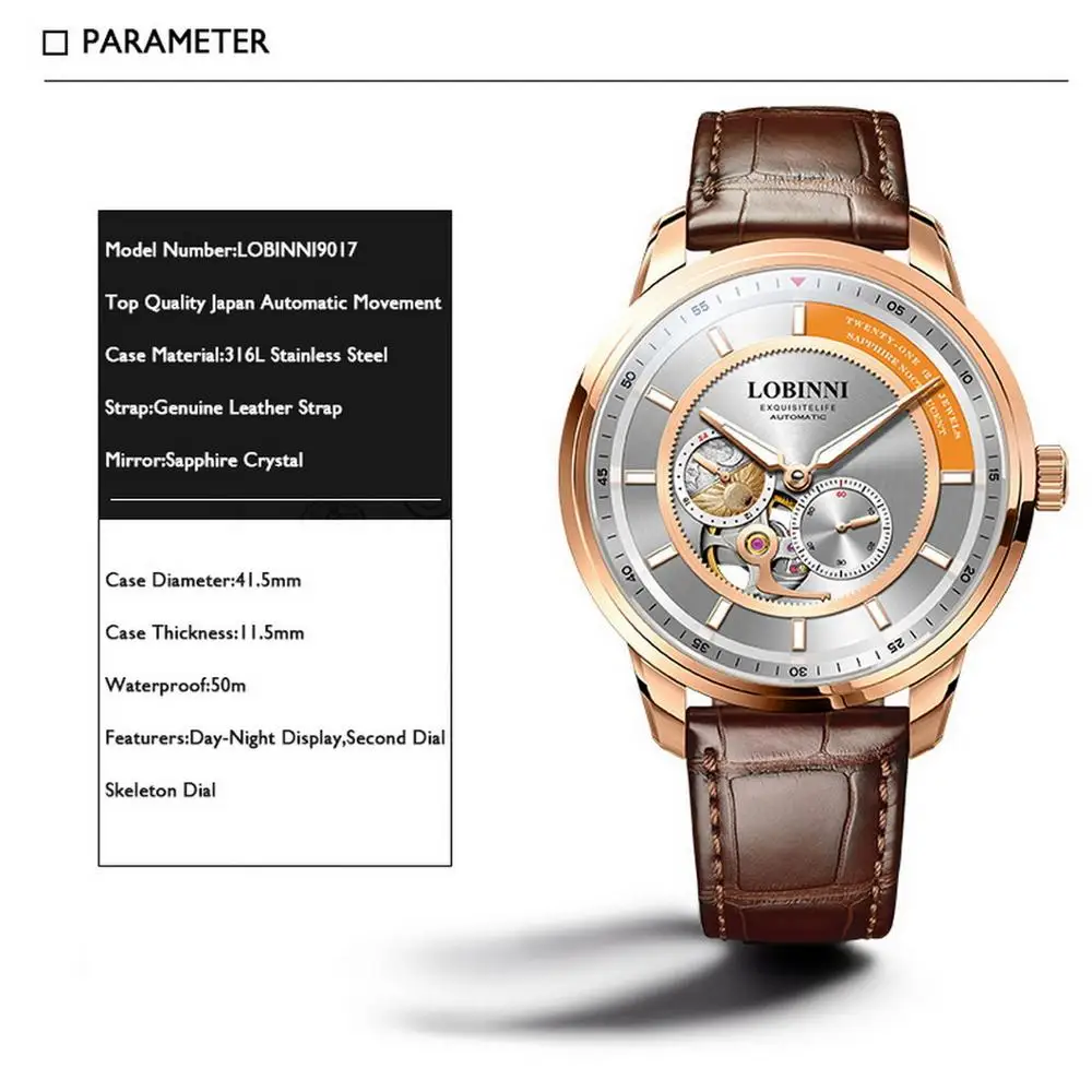 LOBINNI orologi da polso da uomo, orologio meccanico automatico da uomo, orologio da polso scheletrato impermeabile orologio svizzero reloj in acciaio inossidabile