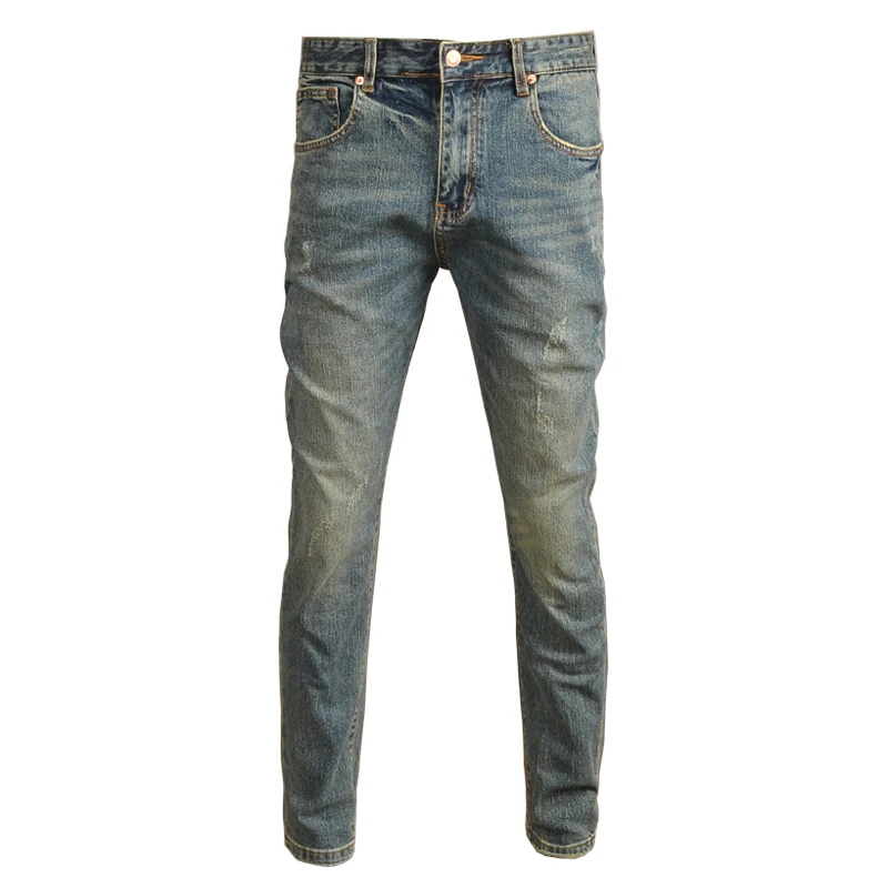 Vintage Blue Jeans Men Streetwear Casual Retro Slim Fit Denim Pants