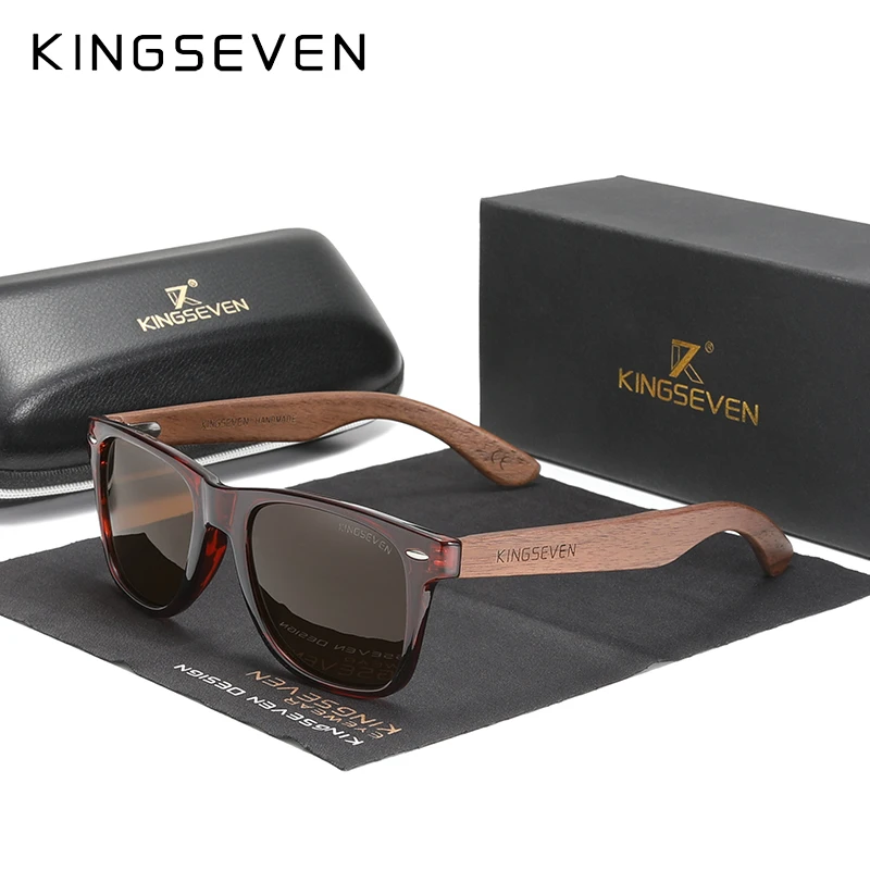 KINGSEVEN Neue Sonnenbrille aus schwarzem Walnussholz, polarisierte Sonnenbrille, Herrenbrille, handgefertigt, UV400-Schutz, Brillen, Retro-Holzbox