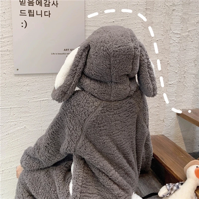 Cute Flannel Stitch Pajamas Winter Plus Velvet Warm Onesie Women\'s Sleepwear Unisex Rabbit Loose Thick Plush Hooded Homewear