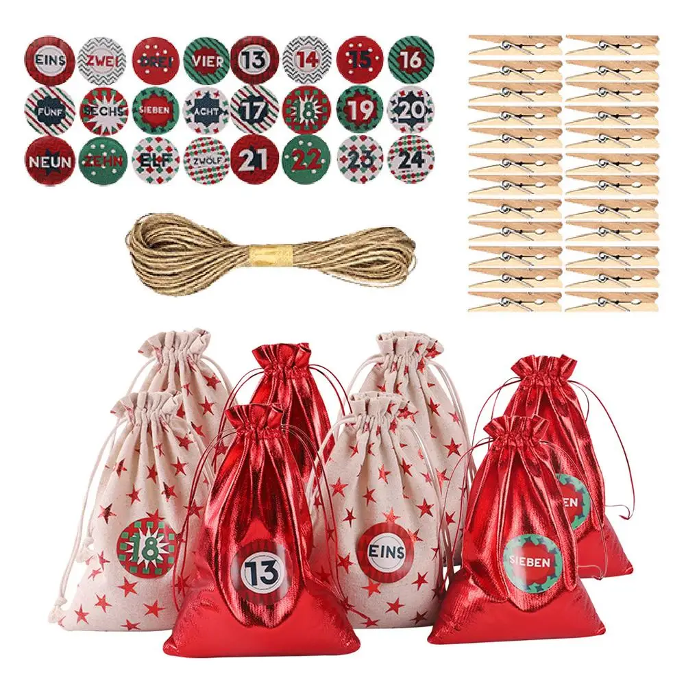 24pcs Set Christmas Advent Calendar Countdown Jute Candy Bag Drawstring Linen Bundle Pocket DIY Xmas Advent Calendrier Gift Bag