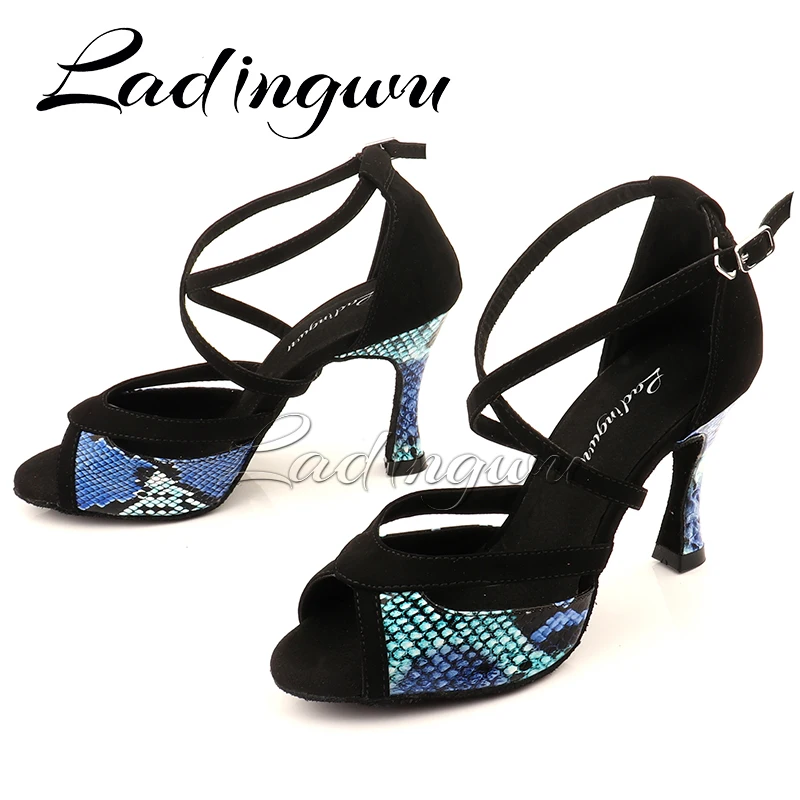 Ladingwu Latin Dance Shoes For Women Black Suede and Blue Snake Pattern PU Salsa Dance Shoes Women\'s Ballroom Dance Sandals