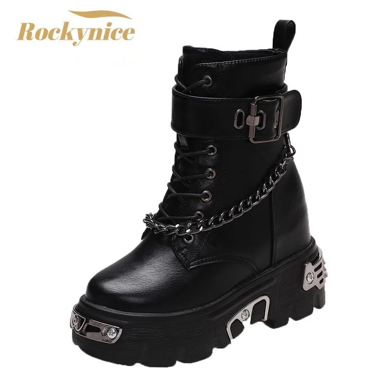 New 2021 Women Leather Platform Chain Ankle Boots Winter Gothic Style Shoes Metal Motorcycle Boots Round Toe Chunky Punk Boots