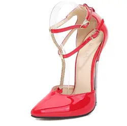 Zapatos mujer 여성용 얇은 힐 샌들, 신부 버클, 특허 가죽 스틸레토, 웨딩 펌프스, 크로스 드레서 신발, 16cm, 드롭 배송