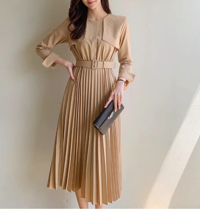 

High Quality Newest Nice Designer Runway Lapel Cloak Lotus Leaf Short-Sleeved Pleated Belted Dress