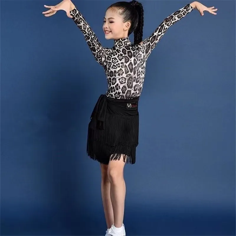 Girls Dance Costumes Dancer Dress For Women Latin Cha Cha Tassel Skirt Long Sleeve Leopard Print Patchwork Top Stage Performance