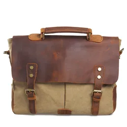 Vintage Waxed Canvas Male Messenger Bag Oiled Leather Business Bag Large Capacity School Laptop Crossbody Bags for men