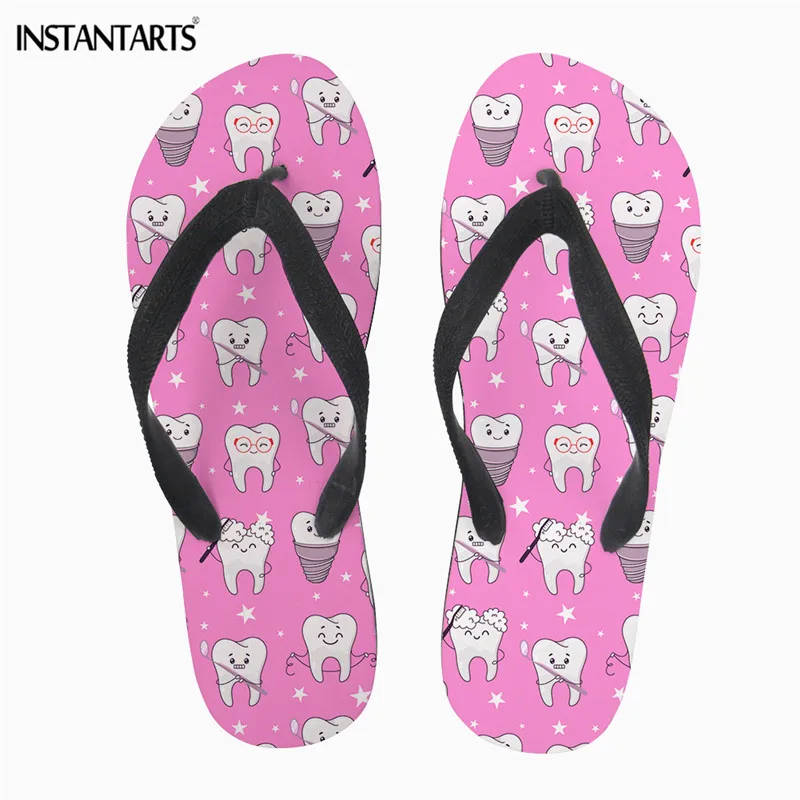 INSTANTARTS Kawaii Dental Teeth Pattern Slippers for Women Summer Casual Beach Sandals Non-slip Rubber Flip Flops Lightweight