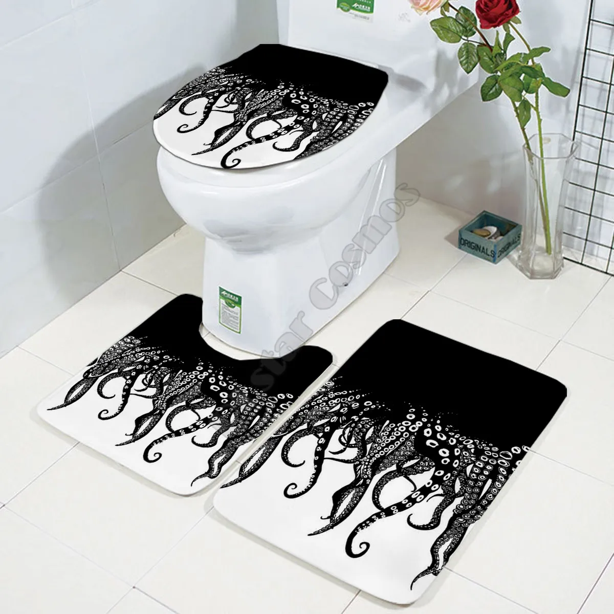 

Funny Octopus Three-piece set 3D printed Bathroom Pedestal Rug Lid Toilet Cover Bath Mat Set drop shipping 03