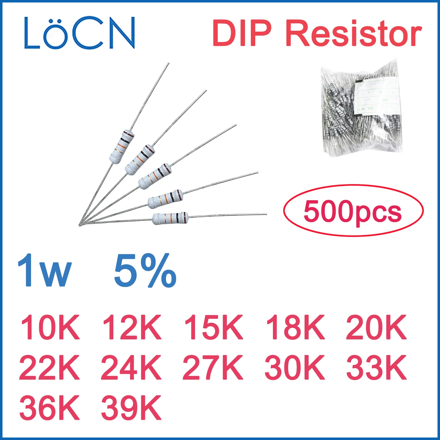 Resistor de película de carbono DIP 10K 12K 15K 18K 20K 22K 24K 27K 30K 33K 36K 39K OHM, 500 Uds., 5% 1W, anillo de Color