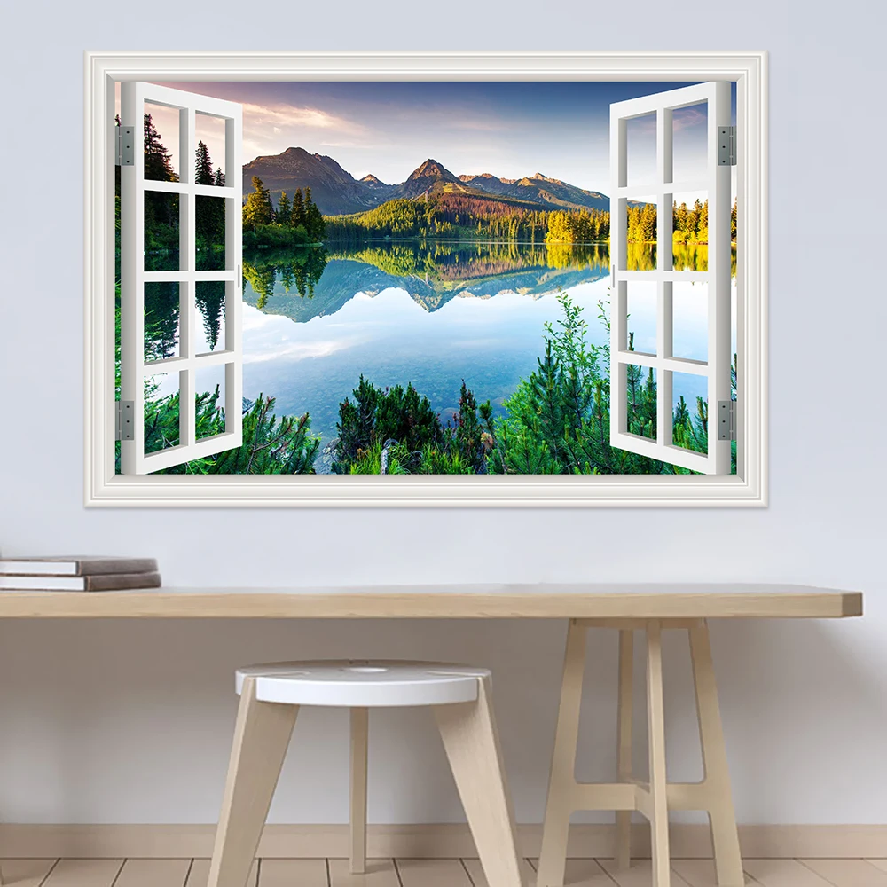 3D Window View Lake Landscape Wall Sticker Waterproof Wallpaper For Living Room Kitchen Decor Vinyl Decal Wall Stickers Poster